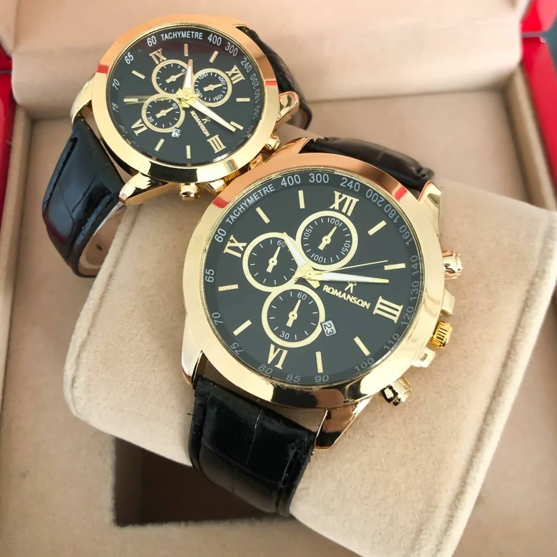 ست ساعت رومانسون بندچرم مشکی صفحه مشکی طرح سه موتوره