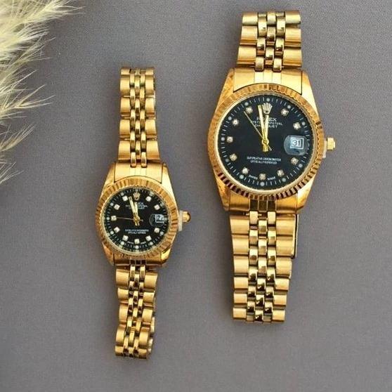 ساعت ست رولکس بند و قاب طلایی صفحه مشکی با گارانتی موتور